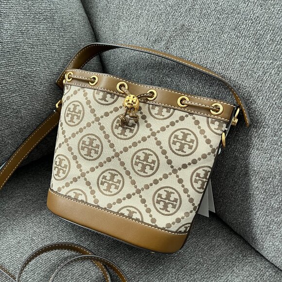 NTW Tory Burch Women's T Monogram Jacquard Bucket Bag Hazelnut Crossbody